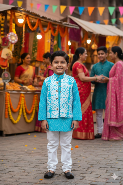 Sky Blue Bandhej Kurta And Jacket With Pyjama (Tie and Dye )