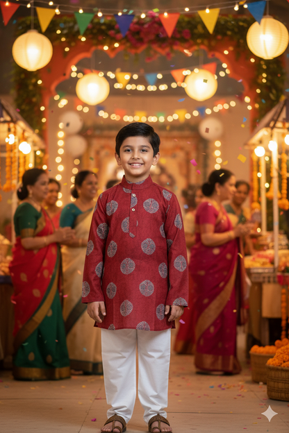 Mehroon Ajrakh Jacket with Kurta-Pyjama