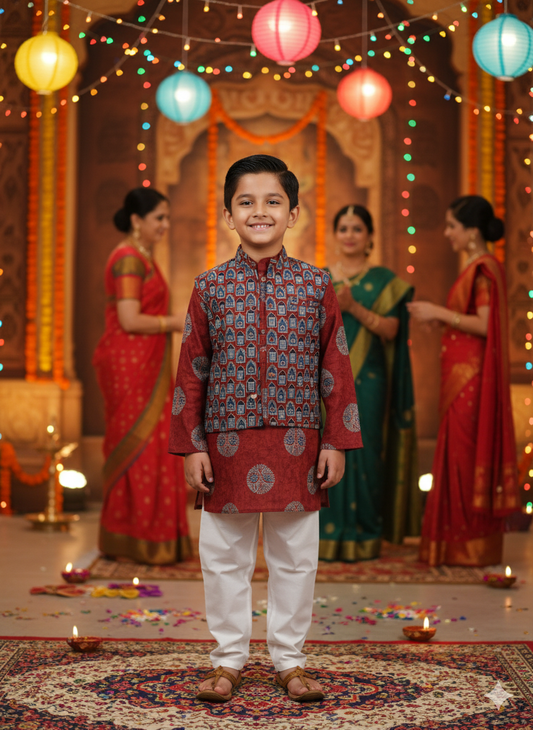 Mehroon Ajrakh Jacket with Kurta-Pyjama