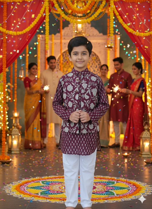 Mehroon Genda fool  Jacket with Kurta -Pyjama