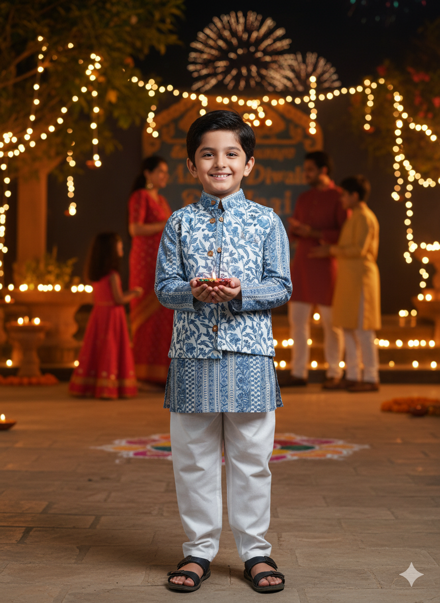 Grey -white block print Jacket with Kurta -Pyjama