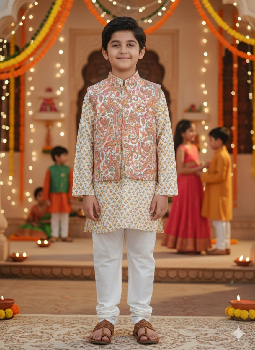 Peach Paisley printed Jacket with Kurta -Pyjama (kpj1004)