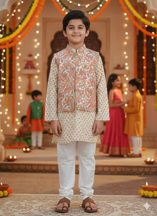 Peach Paisley printed Jacket with Kurta -Pyjama (kpj1004)