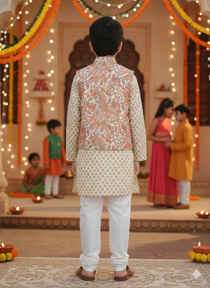 Peach Paisley printed Jacket with Kurta -Pyjama (kpj1004)