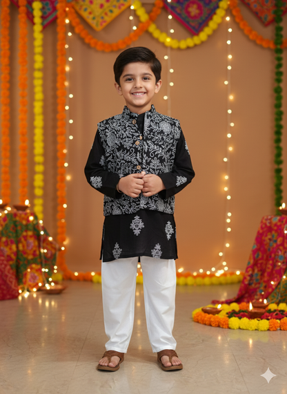 Black Khadi Print Jacket with Kurta -Pyjama