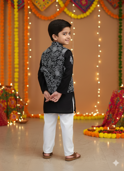 Black Khadi Print Jacket with Kurta -Pyjama