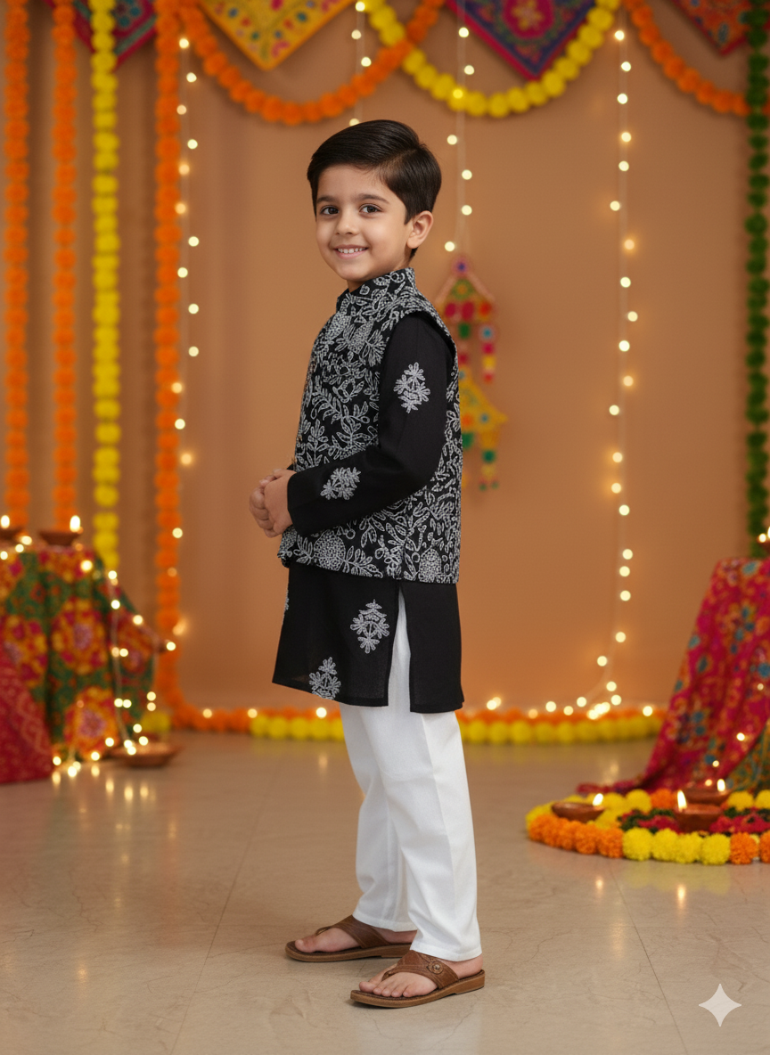 Black Khadi Print Jacket with Kurta -Pyjama