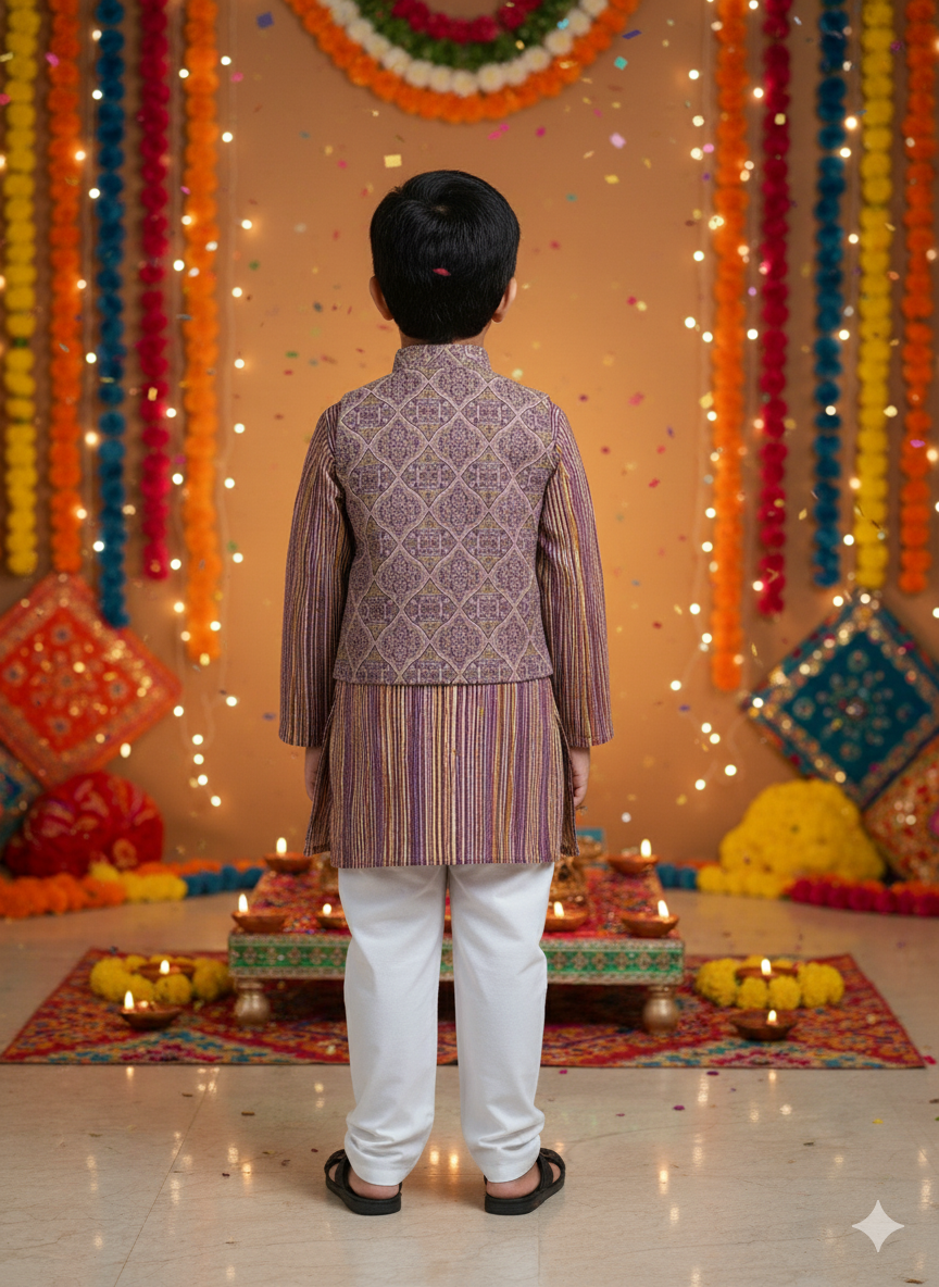 Onion Pink Ajrakh print Jacket with Kurta -Pyjama