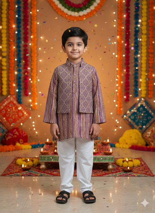 Onion Pink Ajrakh print Jacket with Kurta -Pyjama