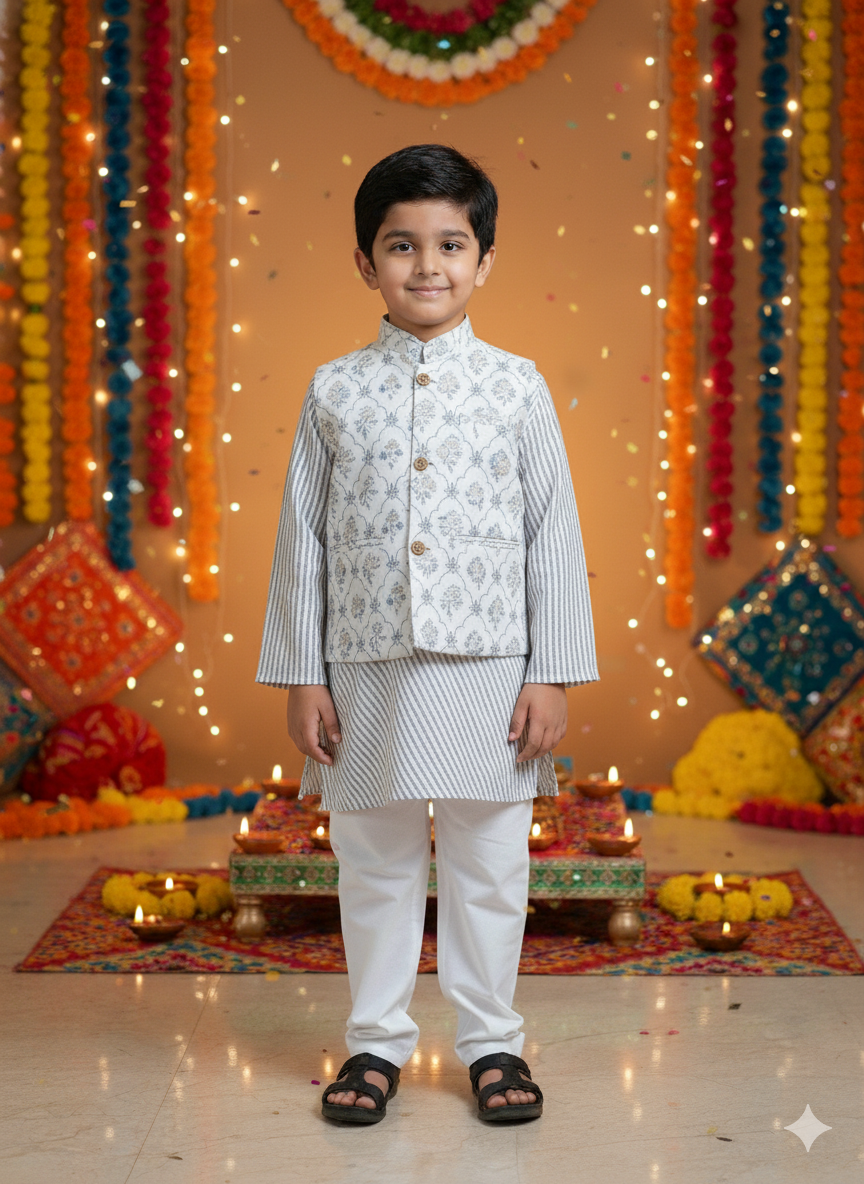White Foil print Jacket with Kurta -Pyjama