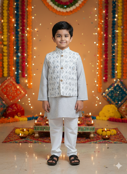 White Foil print Jacket with Kurta -Pyjama