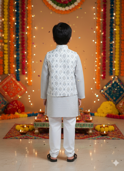 White Foil print Jacket with Kurta -Pyjama