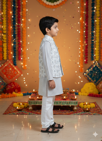 White Foil print Jacket with Kurta -Pyjama