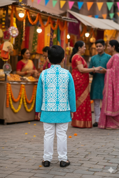 Sky Blue Bandhej Kurta And Jacket With Pyjama (Tie and Dye )