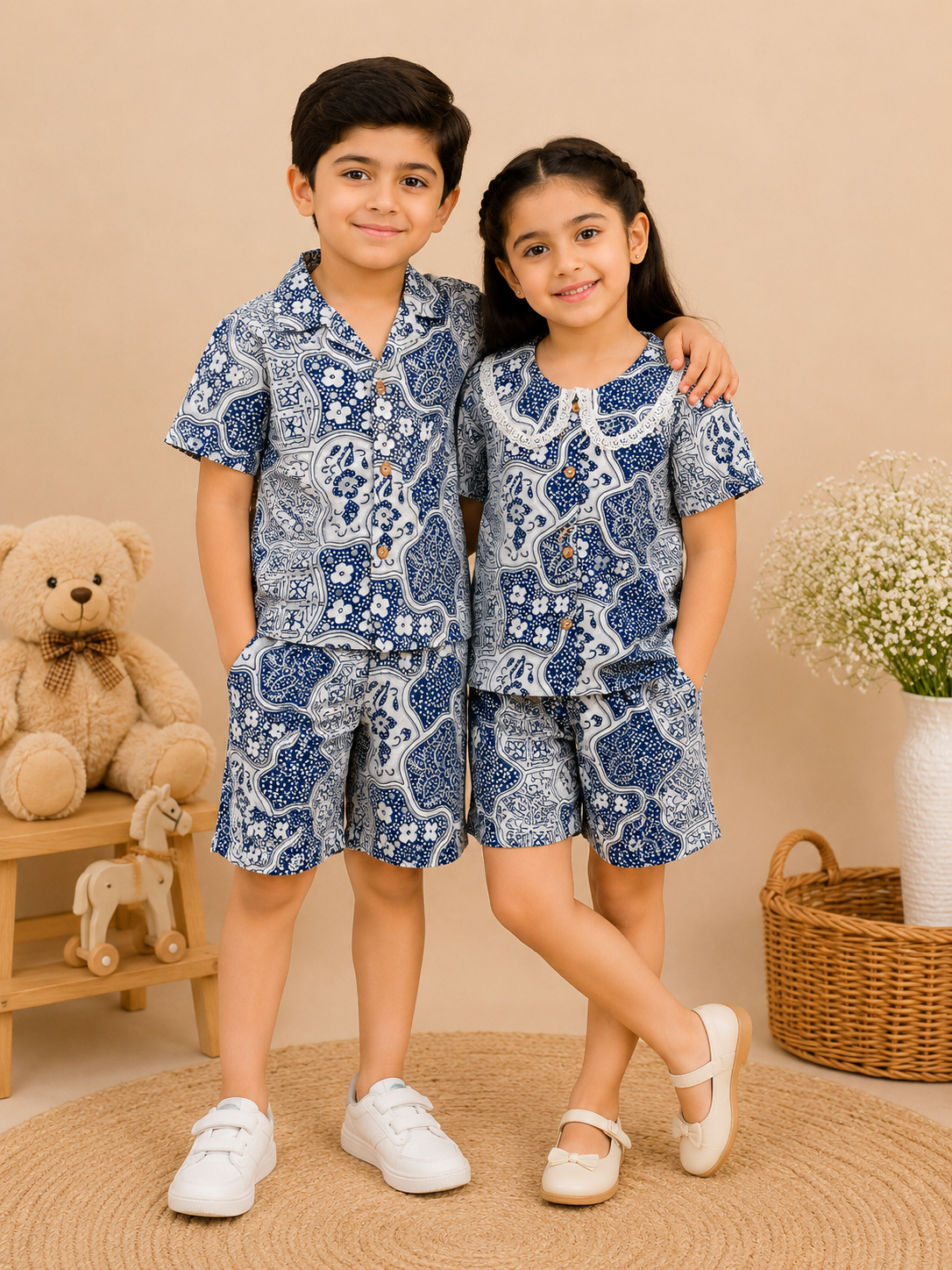 Boys' Abstract Print Co-ord Set. Handcrafted Cambric Cotton Half Sleeve Shirt & Shorts Set for Comfortable Casual Wear