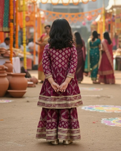 Jaal Butta  Print Wine Coloured Anarkali Suit with Sharara
