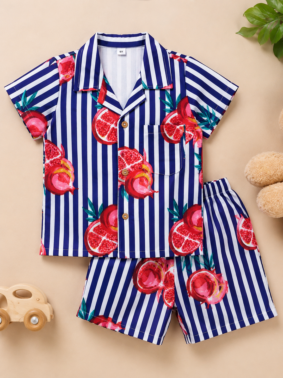 Boys' Striped Quirky Fruit Print Co-ord Set. Handcrafted Cambric Cotton Half Sleeve Shirt & Shorts Set for Comfortable Casual Wear