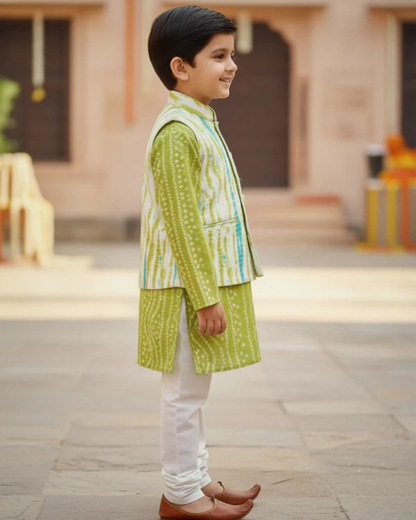 Parrot Green Tie and Dye Jacket with Bandhej Kurta -Pyjama