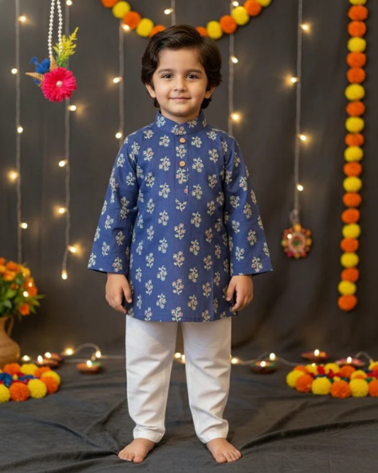 Navy Blue Block Printed Kurta -Pyjama