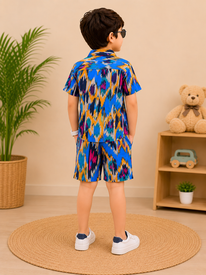 Boys Blue Ikkat & Girls Pink Printed Co-ord Set | Handcrafted Cambric Cotton Half Sleeve Shirt & Shorts Playwear Outfit | Casual Summer Dress Set for Kids
