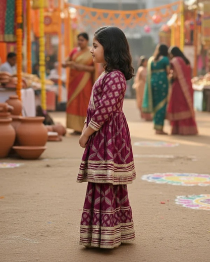 Jaal Butta  Print Wine Coloured Anarkali Suit with Sharara