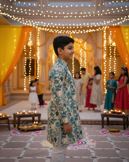 Teal Blue Floral Printed Boy's Kurta