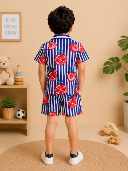 Purple Striped-quirky-fruit printed Cord-Set  for Boys