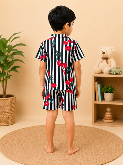 Boys' Striped Quirky Fruit Print Co-ord Set. Handcrafted Cambric Cotton Half Sleeve Shirt & Shorts Set for Comfortable Casual Wear