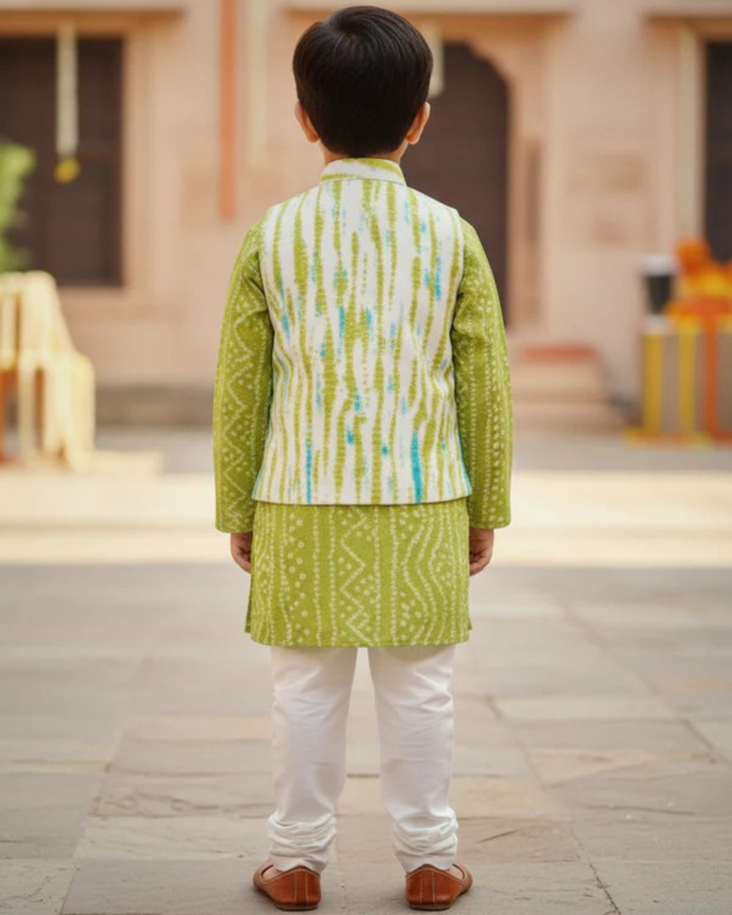 Parrot Green Tie and Dye Jacket with Bandhej Kurta -Pyjama