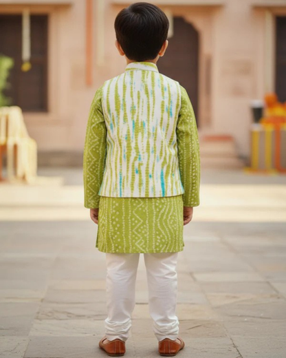 Parrot Green Tie and Dye Jacket with Bandhej Kurta -Pyjama