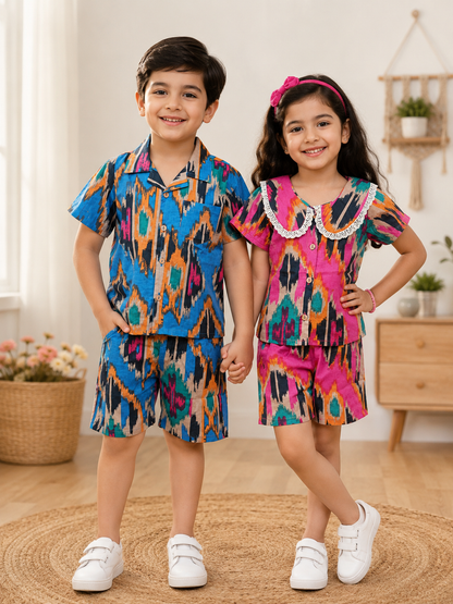 Boys Blue Ikkat & Girls Pink Printed Co-ord Set | Handcrafted Cambric Cotton Half Sleeve Shirt & Shorts Playwear Outfit | Casual Summer Dress Set for Kids