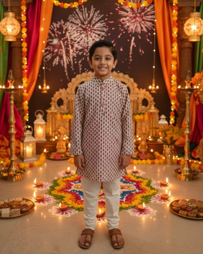 Pink Block Printed Boy's Kurta