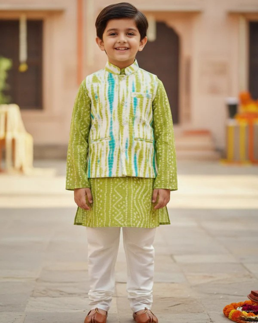 Parrot Green Tie and Dye Jacket with Bandhej Kurta -Pyjama