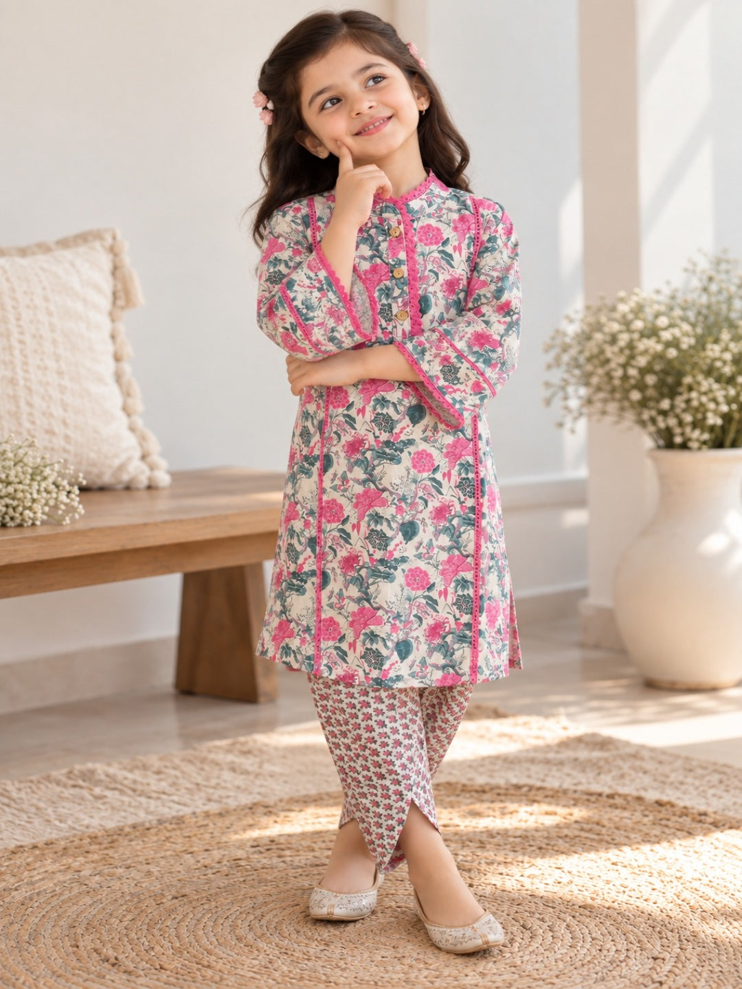 Flower printed Straight Kurta with Dhoti Style Tulip Pant