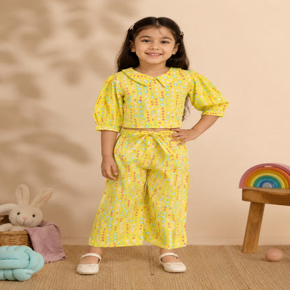 Yellow Coloured polka dots Printed Girls Co-Ords