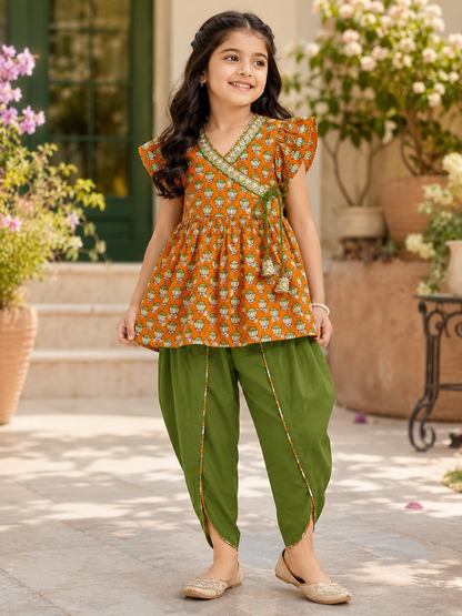 Girls Magenta Pink Lotus Buti Angrakha Kurti with Tulip Pant