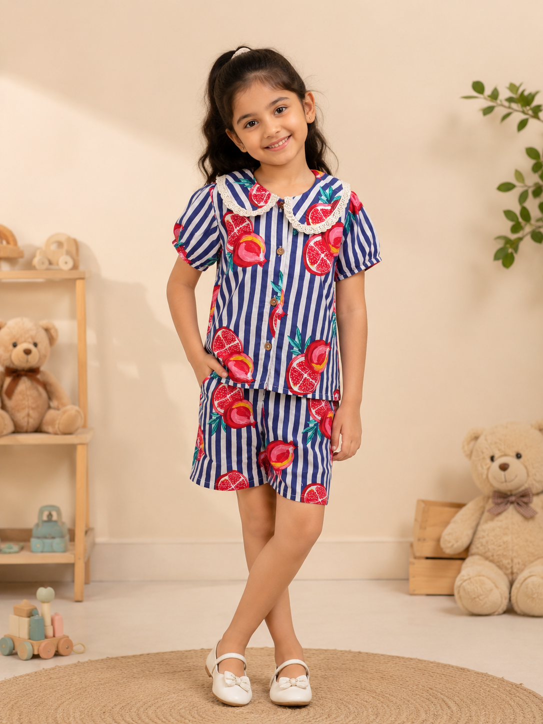 Striped-quirky-fruit  printed Cord-Set  for Girls