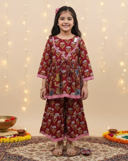 Floral Gathered Maroon Kurta With Sharara Set