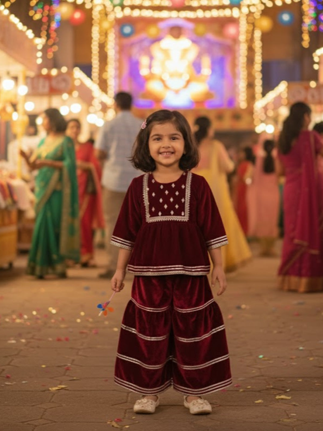Maroon Coloured Mirror-Embroidery Velvet  Kurti With Sharara