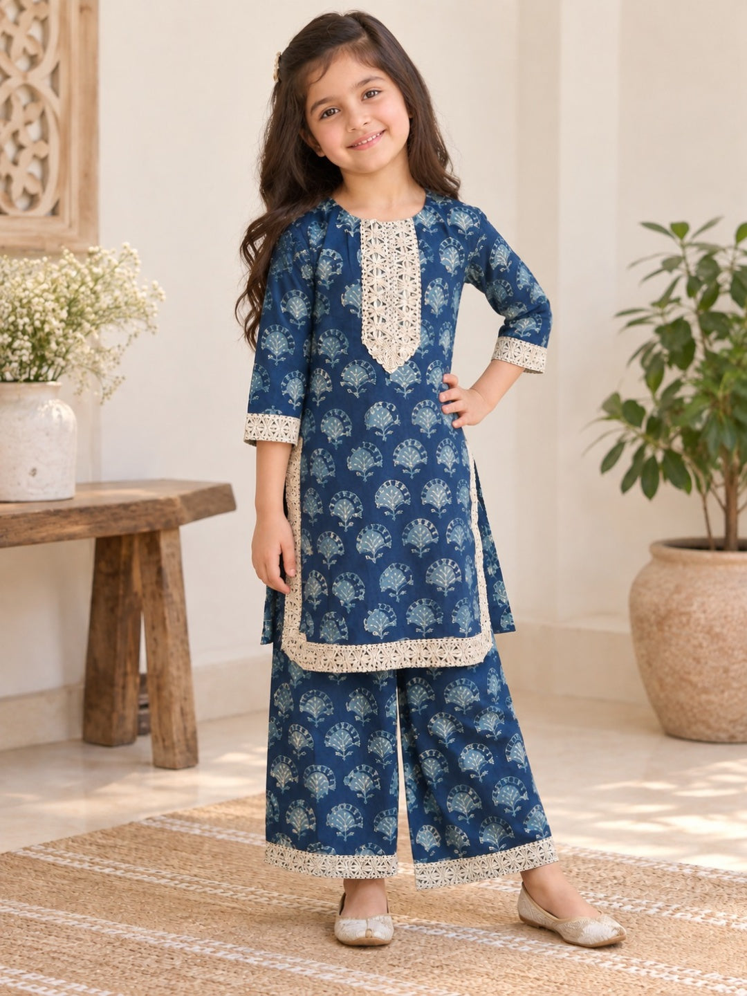 Blue Block Printed Straight Kurta with Palazzo