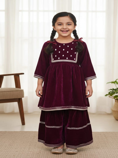Wine Coloured Alia Cut Velvet  Kurti With Sharara