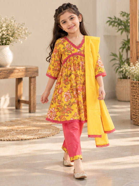 Yellow Colour Floral Printed Girls Flared Suit Set