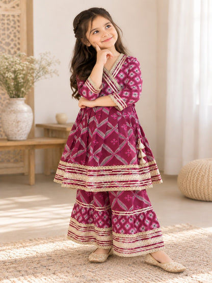 Jaal Butta  Print Wine Coloured Anarkali Suit with Sharara