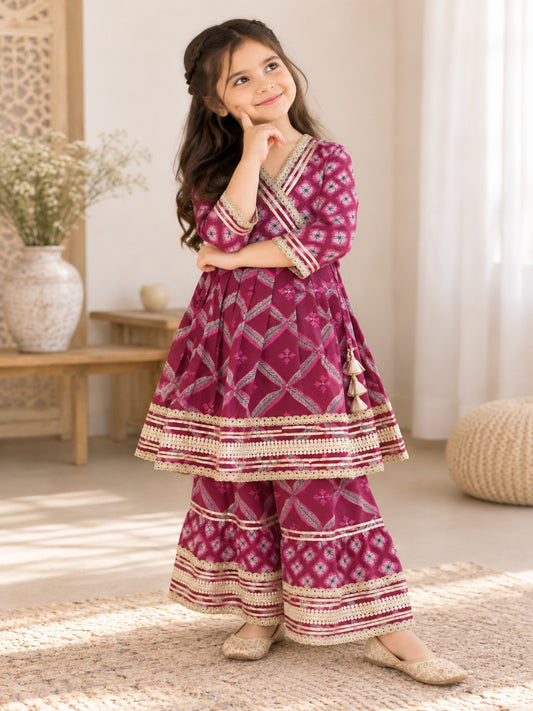 Jaal Butta  Print Wine Coloured Anarkali Suit with Sharara