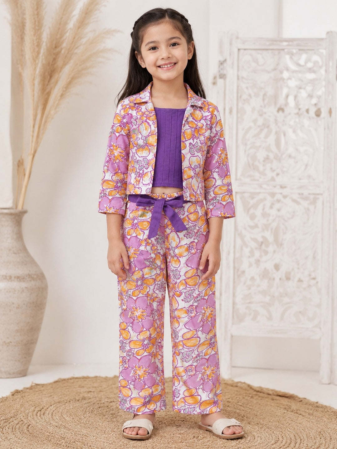 Purple Floral Printed 3 Piece Girls Co-Ords