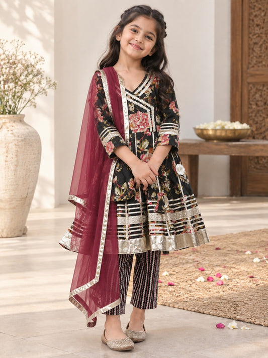 Black Floral Printed Girls Flare Suit Set