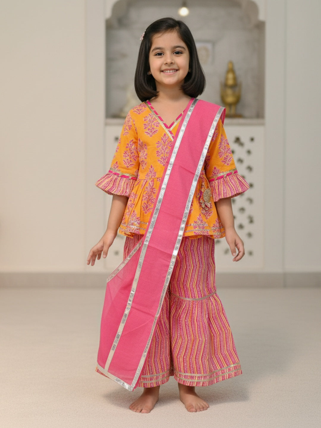 Block Printed Yellow & Pink Coloured Anarkali Suit with Sharara