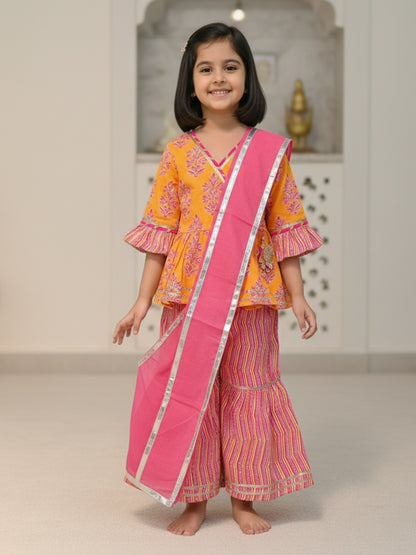 Block Printed Yellow & Pink Coloured Anarkali Suit with Sharara