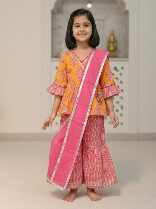 Block Printed Yellow & Pink Coloured Anarkali Suit with Sharara