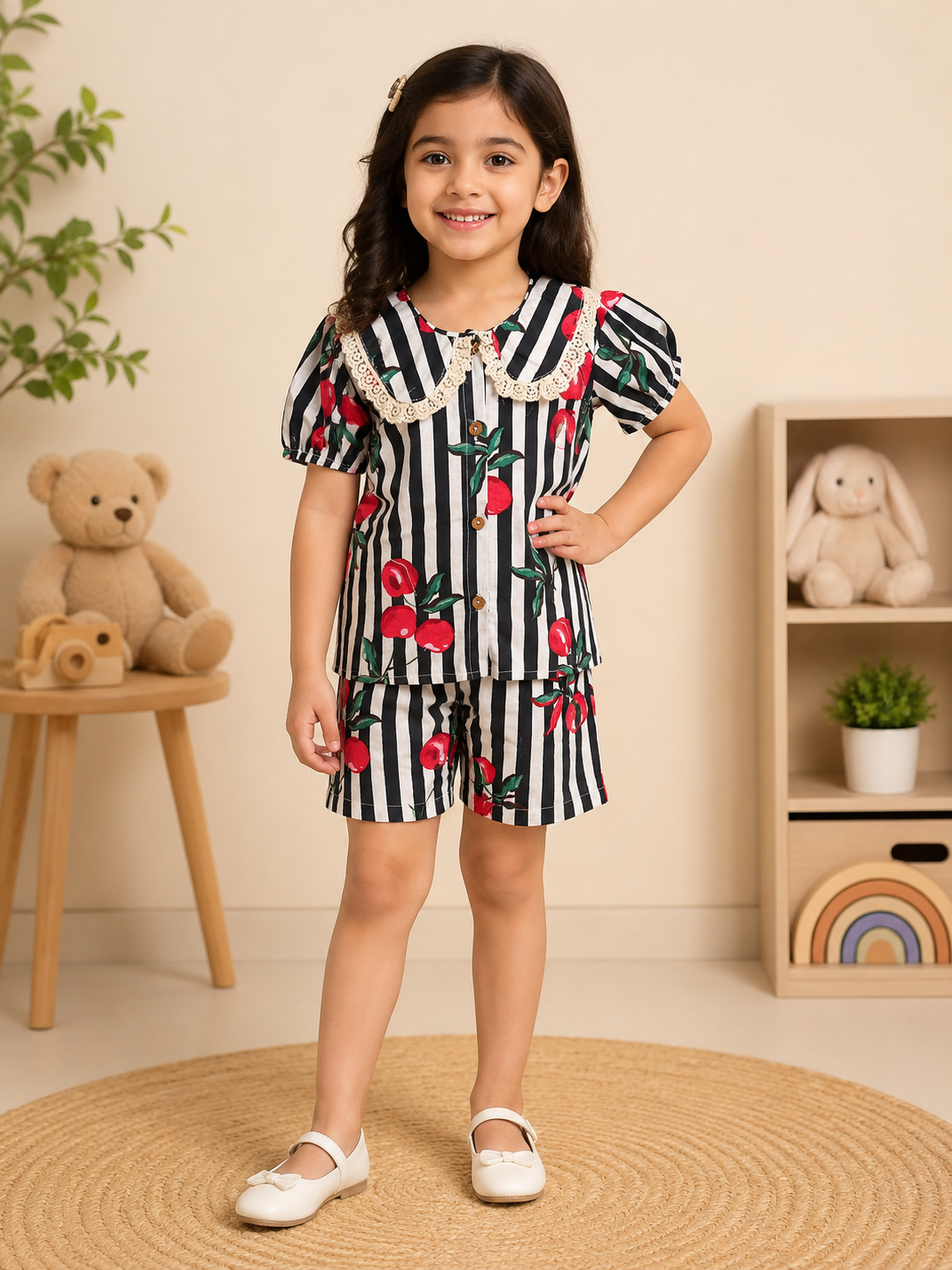Striped-quirky-fruit  printed Cord-Set  for Girls